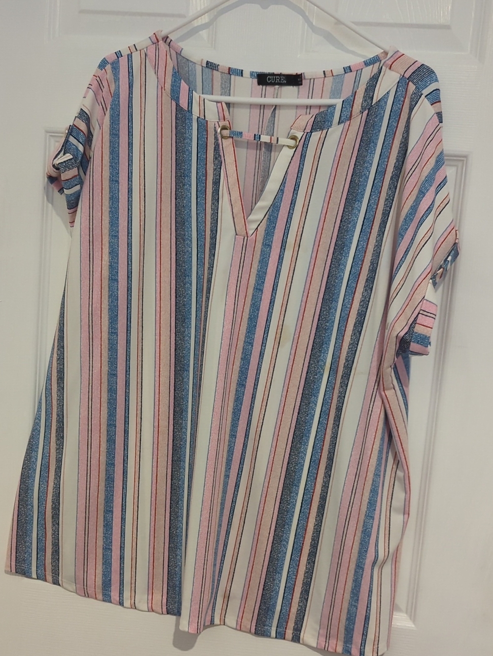 CUBRE Pink & Blue Striped V-Neck Blouse